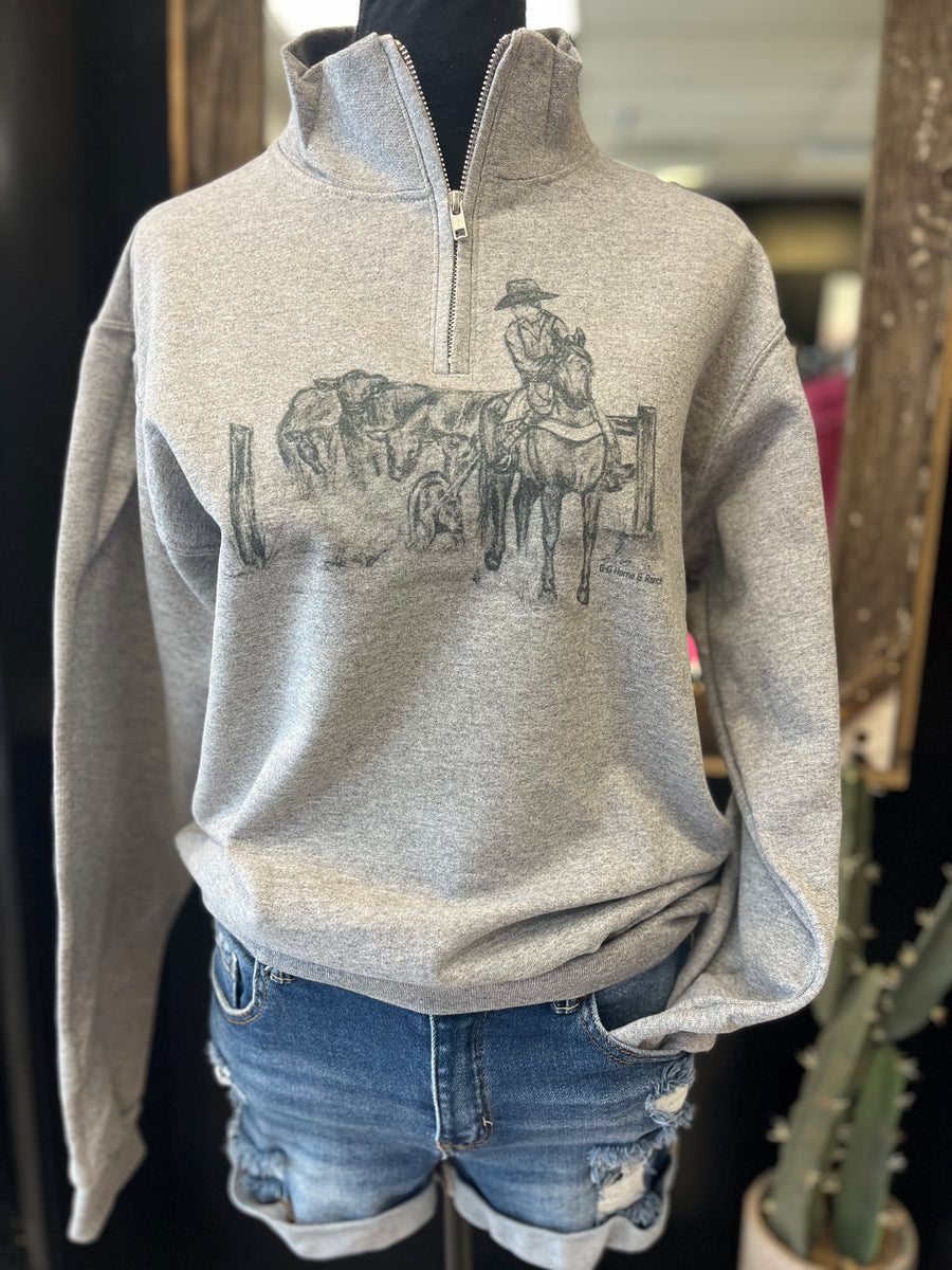 Athletic Gray “Just Ranchin’” 1/4 Zip – G-G Designs Home & Ranch