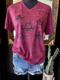 Heather Maroon Cowboy Hat V-Neck Tee