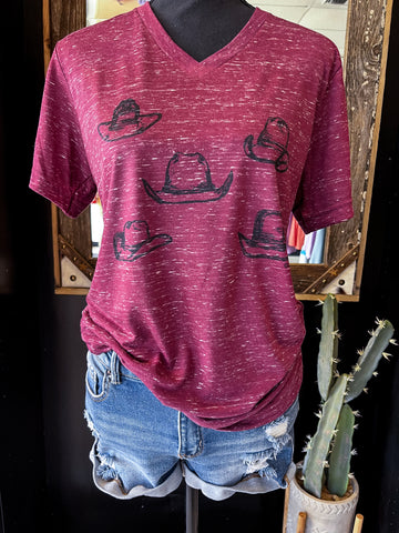 Heather Maroon Cowboy Hat V-Neck Tee